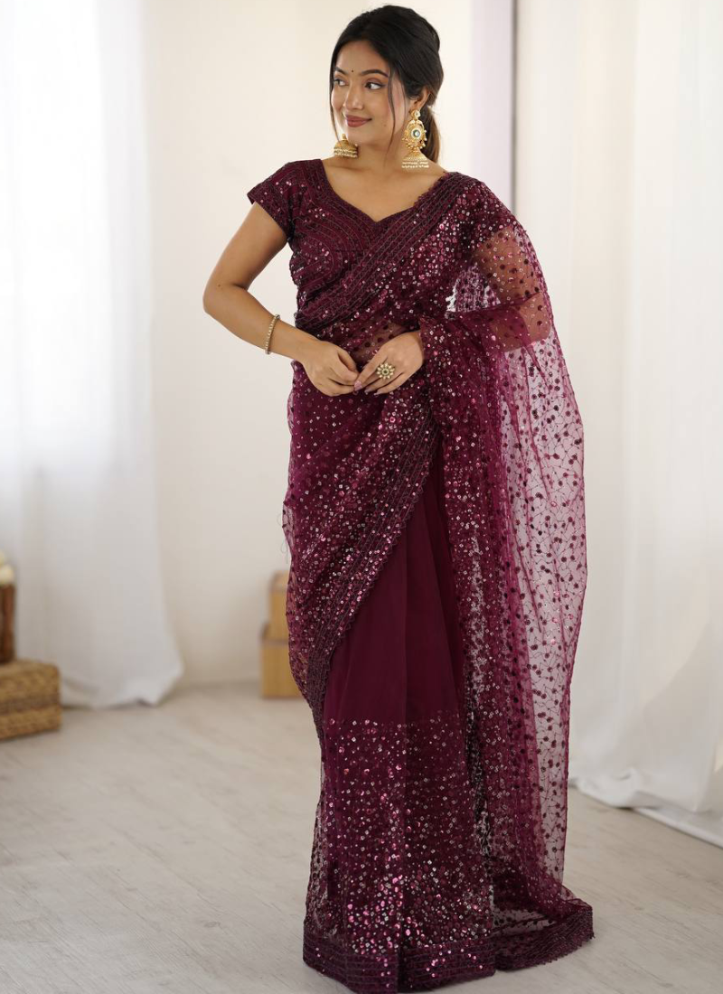 Mesmerizing Sequence Work Net Reception Wear Wine Saree With Blouse