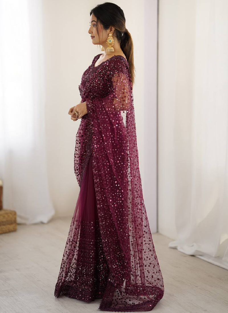 Mesmerizing Sequence Work Net Reception Wear Wine Saree With Blouse