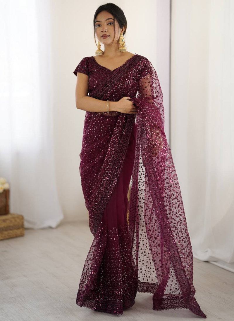 Mesmerizing Sequence Work Net Reception Wear Wine Saree With Blouse