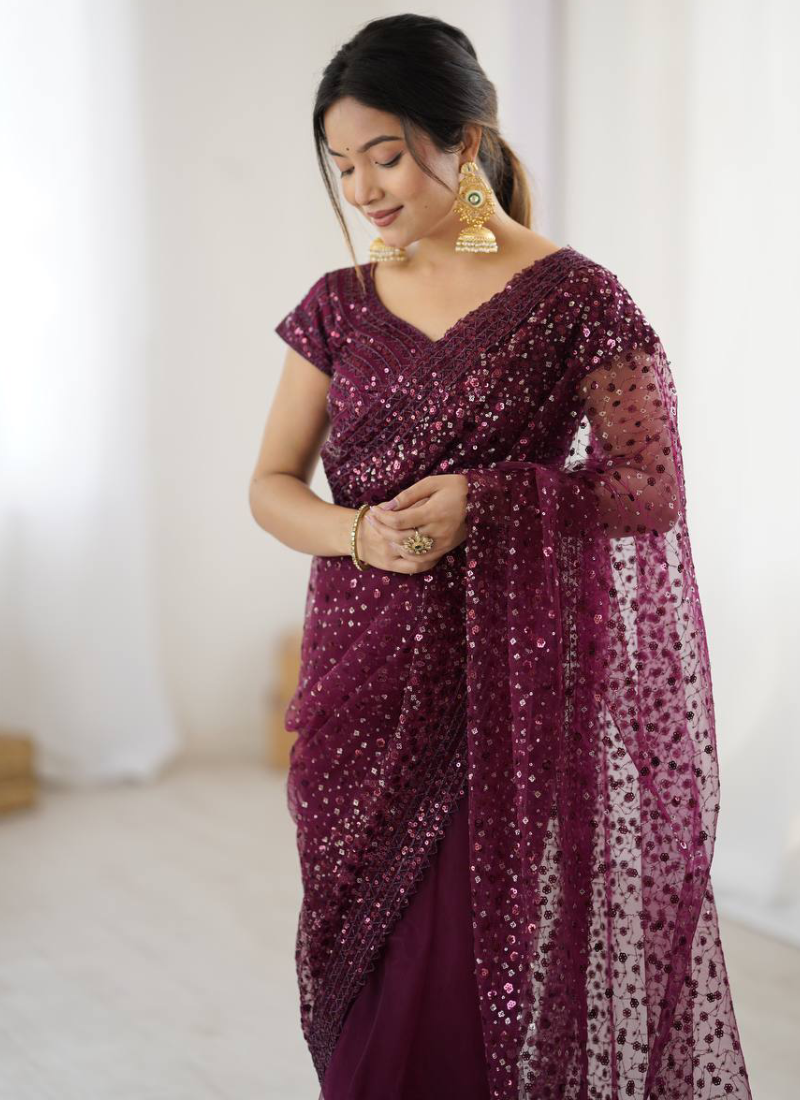 Mesmerizing Sequence Work Net Reception Wear Wine Saree With Blouse