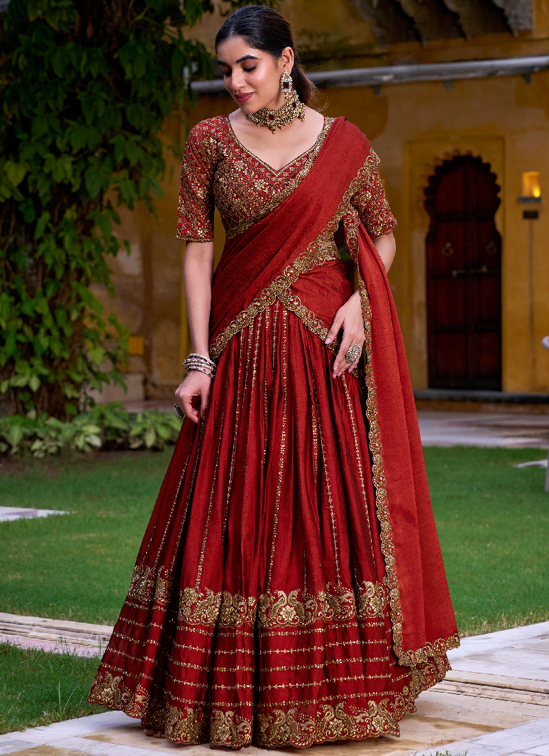 Mesmerizing Zari Embroidered Rangoli Crush Rust Orange Lehenga Choli