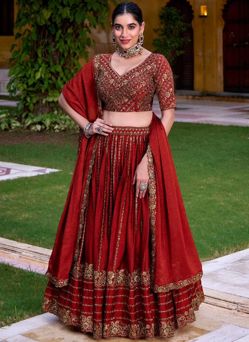 Mesmerizing Zari Embroidered Rangoli Crush Rust Orange Lehenga Choli