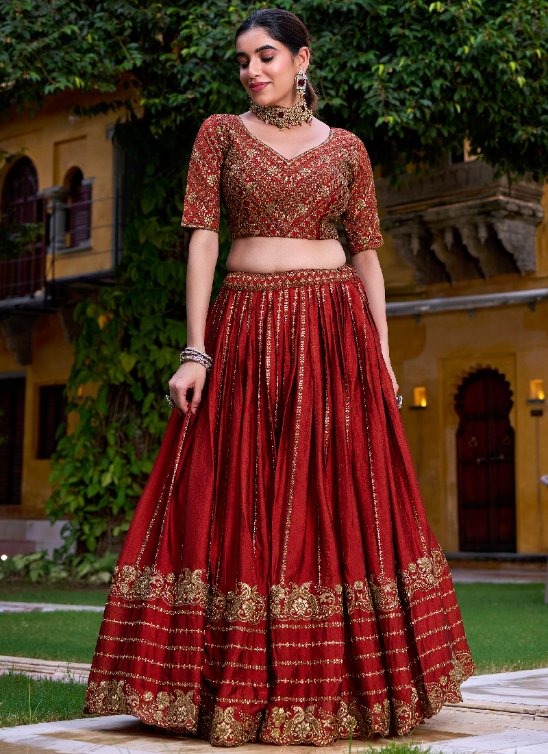 Mesmerizing Zari Embroidered Rangoli Crush Rust Orange Lehenga Choli