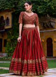 Mesmerizing Zari Embroidered Rangoli Crush Rust Orange Lehenga Choli