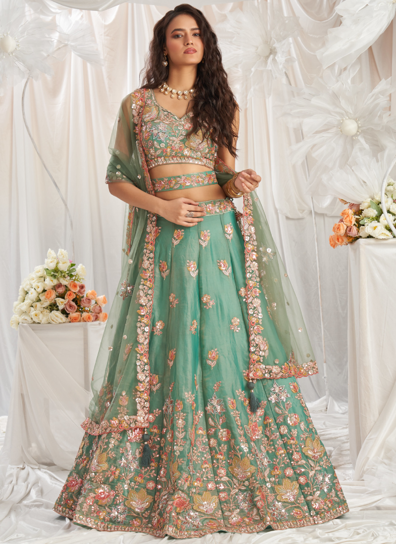 Mesmerizing Pista Green Organza Thread Embroidered Work Lehenga Choli