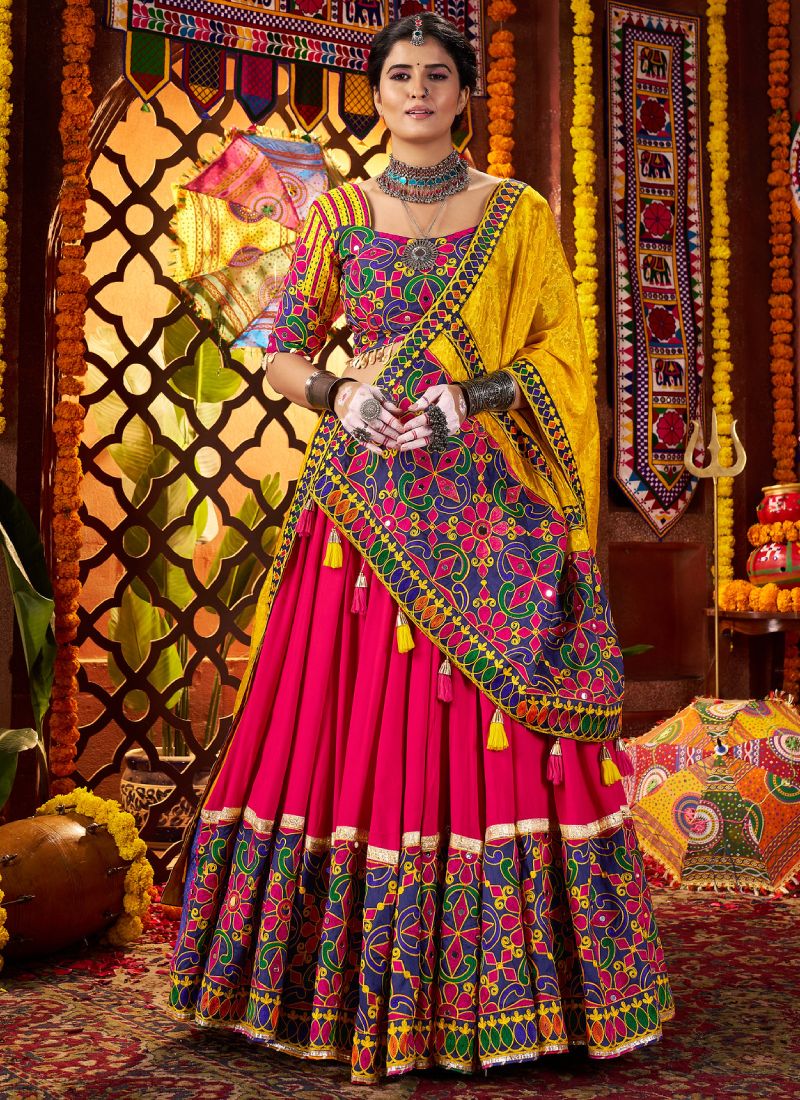 Multi Color Viscose Cotton Mirror Work Ghagra Choli For Navratri