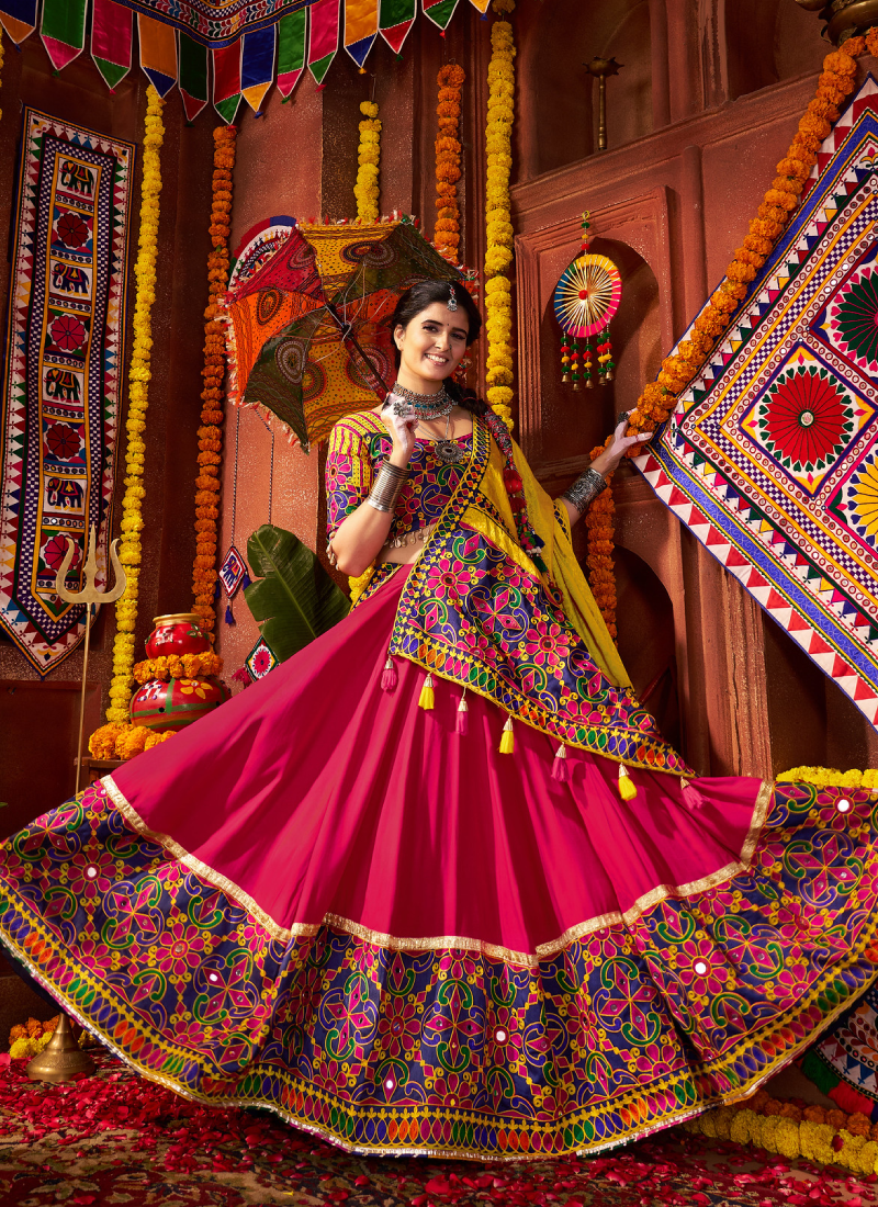 Multi Color Viscose Cotton Mirror Work Ghagra Choli For Navratri