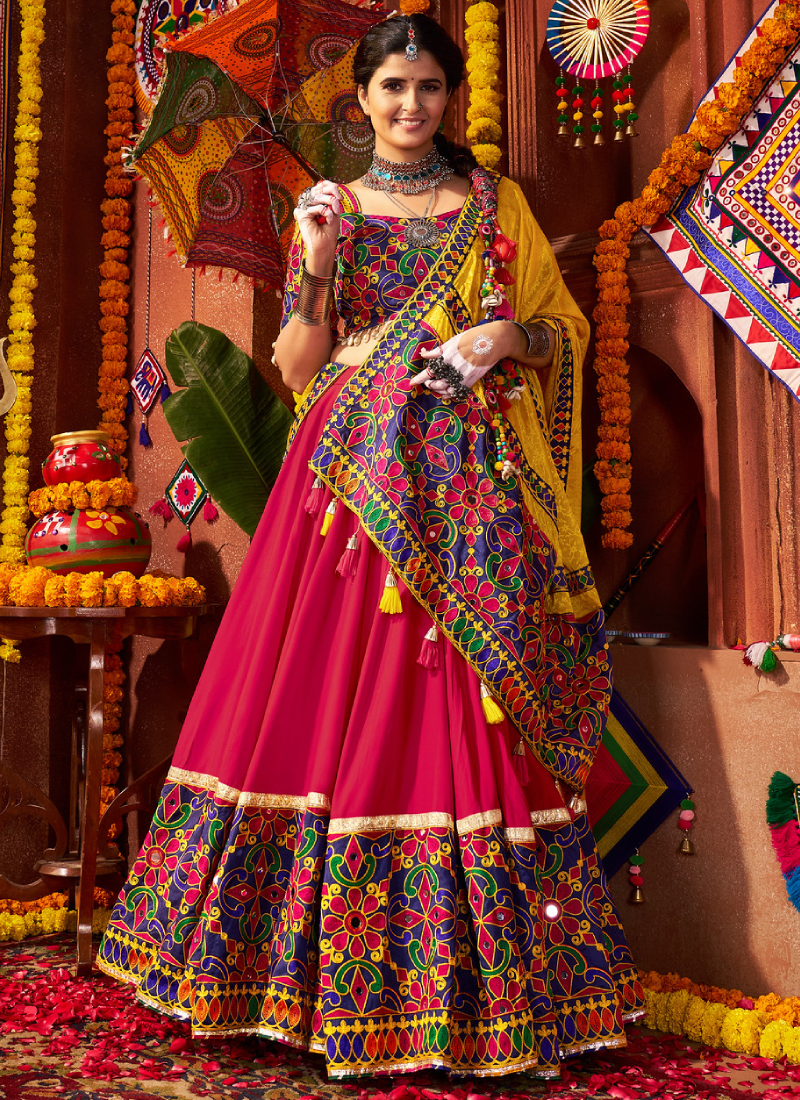 Multi Color Viscose Cotton Mirror Work Ghagra Choli For Navratri