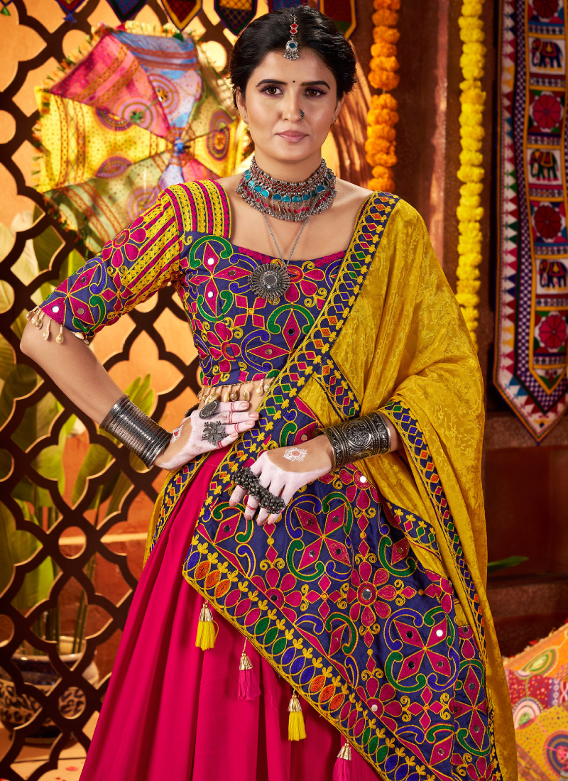 Multi Color Viscose Cotton Mirror Work Ghagra Choli For Navratri