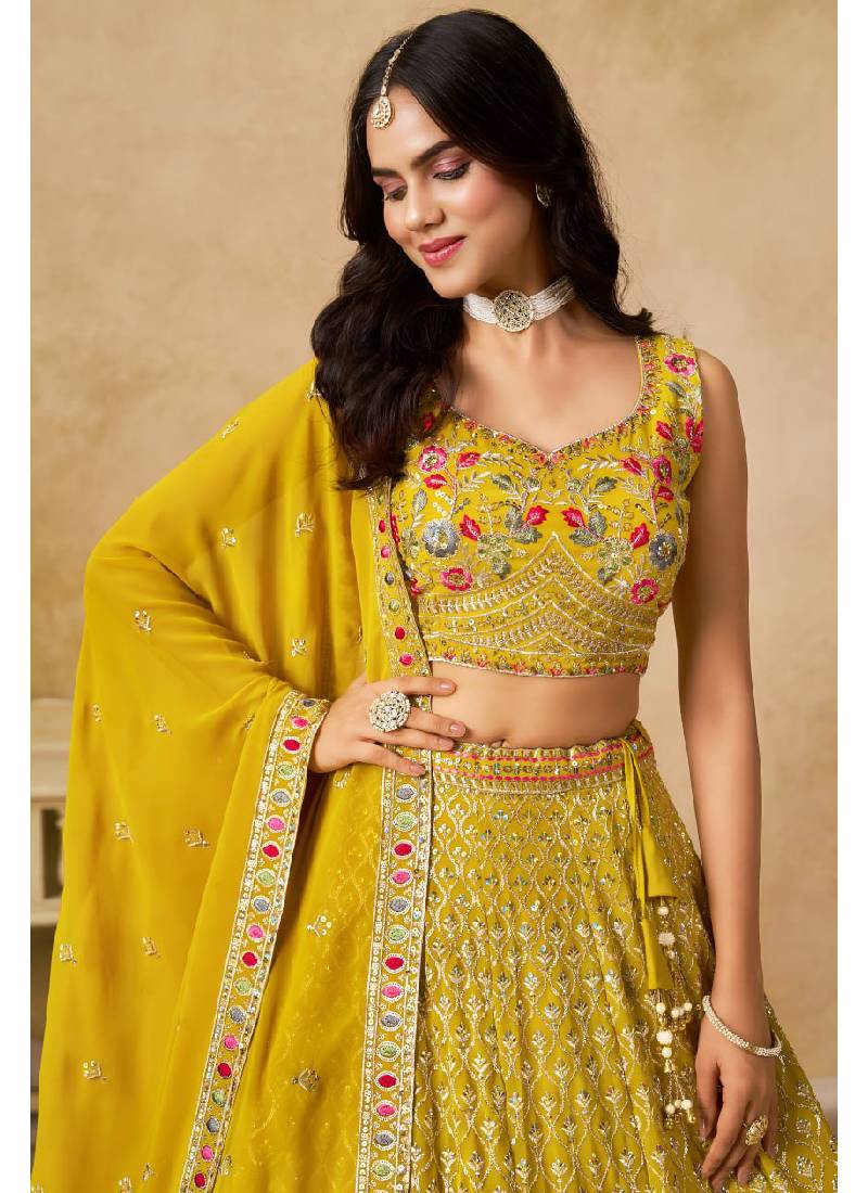 Multi Thread Embroidered Georgette Haldi Special Yellow Lehenga Choli