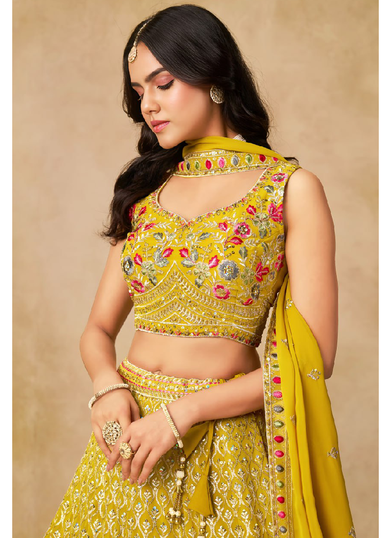 Multi Thread Embroidered Georgette Haldi Special Yellow Lehenga Choli
