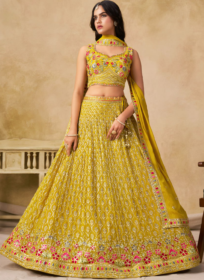 Multi Thread Embroidered Georgette Haldi Special Yellow Lehenga Choli