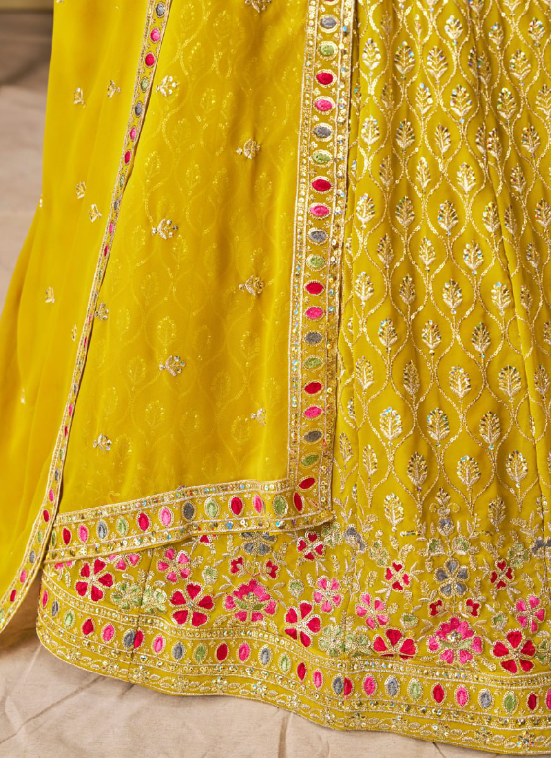Multi Thread Embroidered Georgette Haldi Special Yellow Lehenga Choli