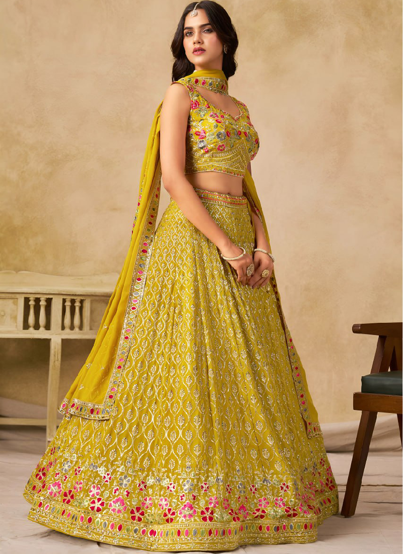 Multi Thread Embroidered Georgette Haldi Special Yellow Lehenga Choli