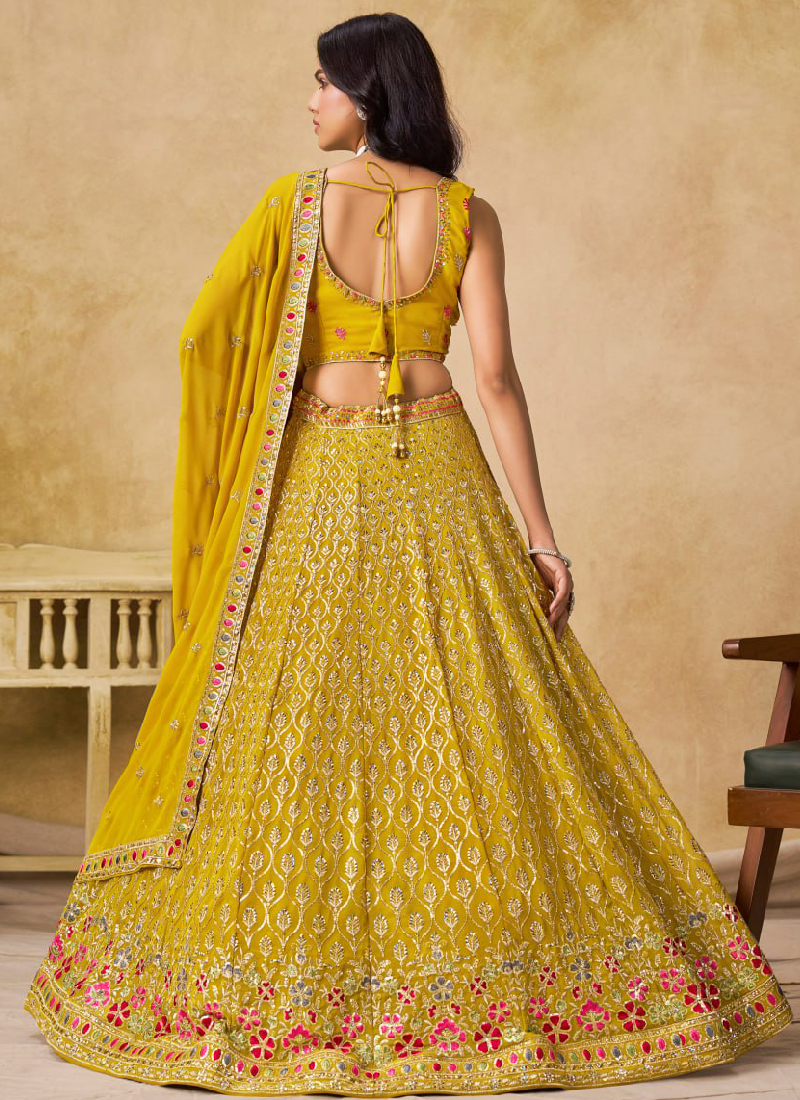 Multi Thread Embroidered Georgette Haldi Special Yellow Lehenga Choli