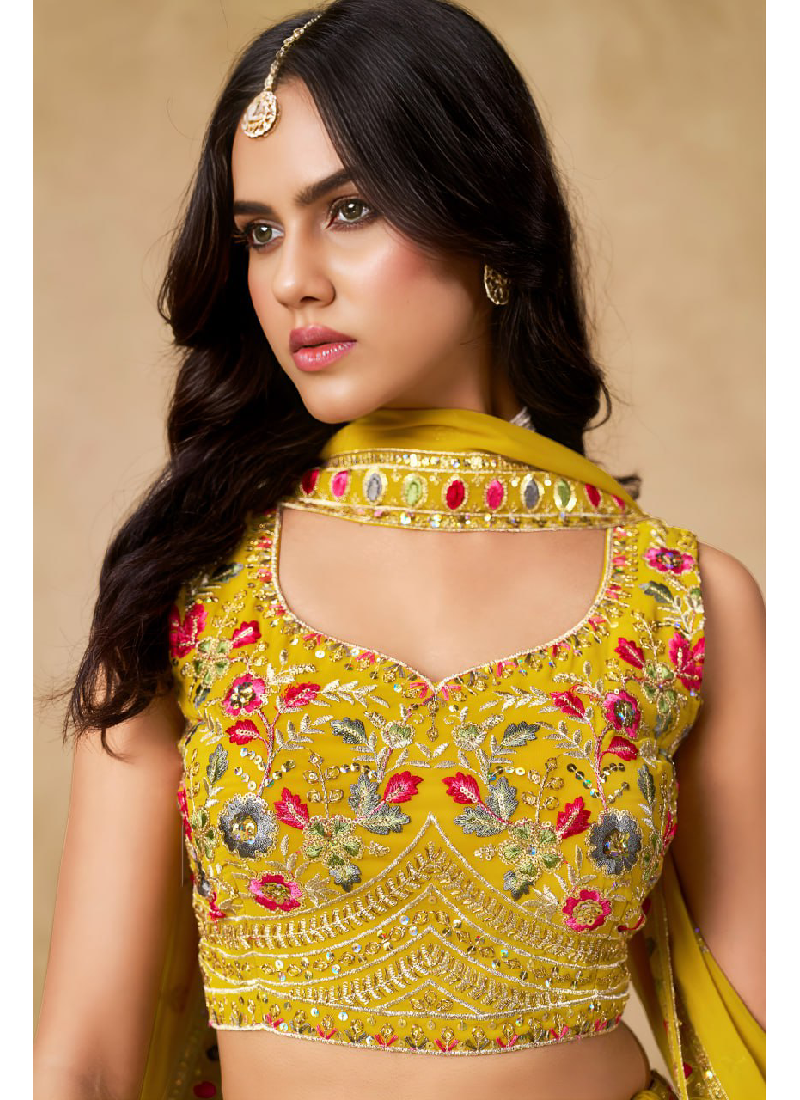 Multi Thread Embroidered Georgette Haldi Special Yellow Lehenga Choli