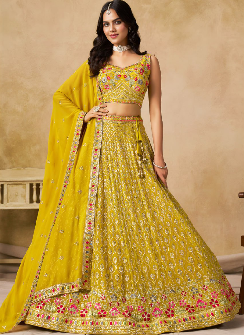 Multi Thread Embroidered Georgette Haldi Special Yellow Lehenga Choli