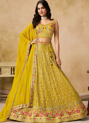 Multi Thread Embroidered Georgette Haldi Special Yellow Lehenga Choli