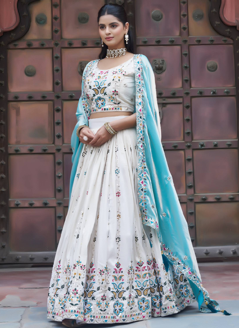 Multi Thread Embroidered Off White Tissue Silk Lehenga Choli Set