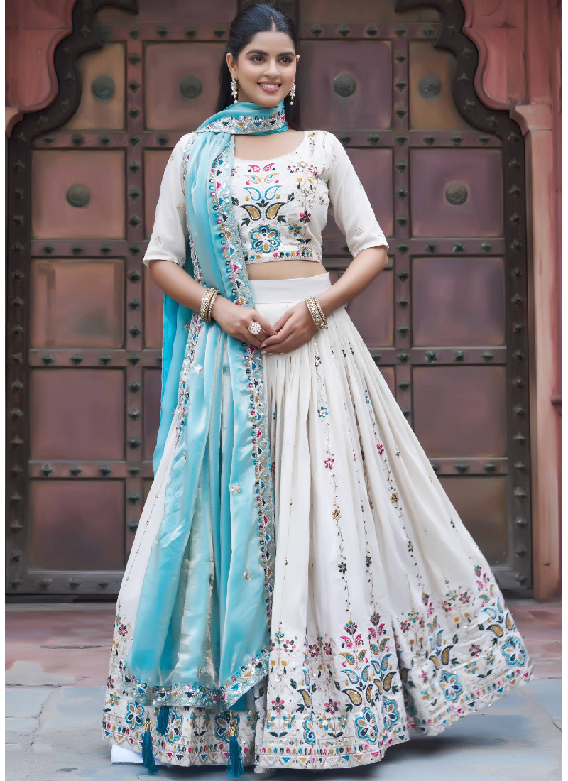 Multi Thread Embroidered Off White Tissue Silk Lehenga Choli Set