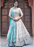 Multi Thread Embroidered Off White Tissue Silk Lehenga Choli Set