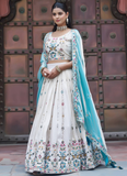Multi Thread Embroidered Off White Tissue Silk Lehenga Choli Set