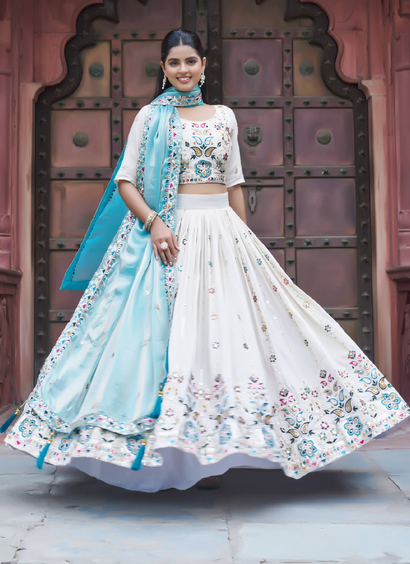 Multi Thread Embroidered Off White Tissue Silk Lehenga Choli Set