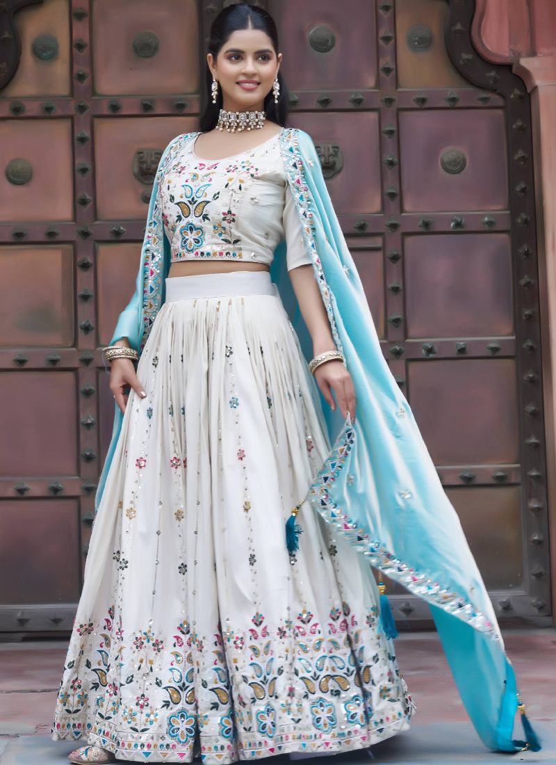 Multi Thread Embroidered Off White Tissue Silk Lehenga Choli Set