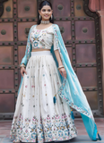 Multi Thread Embroidered Off White Tissue Silk Lehenga Choli Set