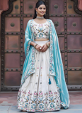 Multi Thread Embroidered Off White Tissue Silk Lehenga Choli Set