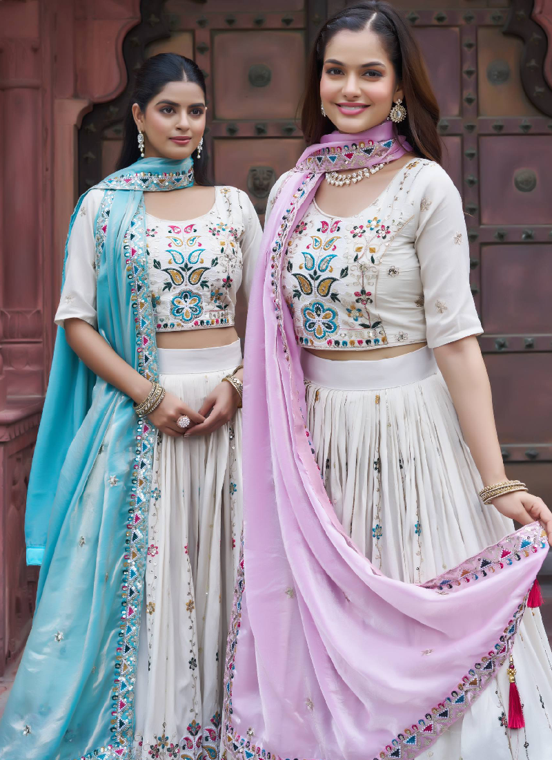 Multi Thread Embroidered Off White Tissue Silk Lehenga Choli Set
