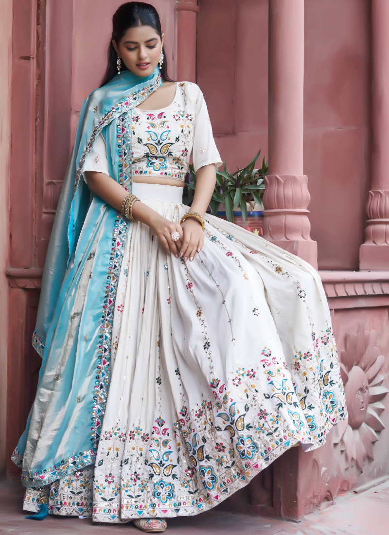Multi Thread Embroidered Off White Tissue Silk Lehenga Choli Set