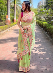 Multi Thread Work Pista Green Net Saree With Pink Blouse For Party