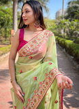 Multi Thread Work Pista Green Net Saree With Pink Blouse For Party