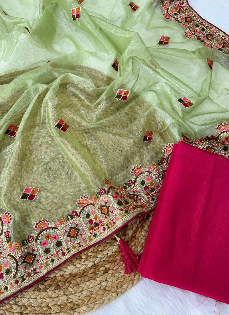 Multi Thread Work Pista Green Net Saree With Pink Blouse For Party