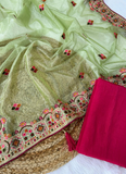 Multi Thread Work Pista Green Net Saree With Pink Blouse For Party