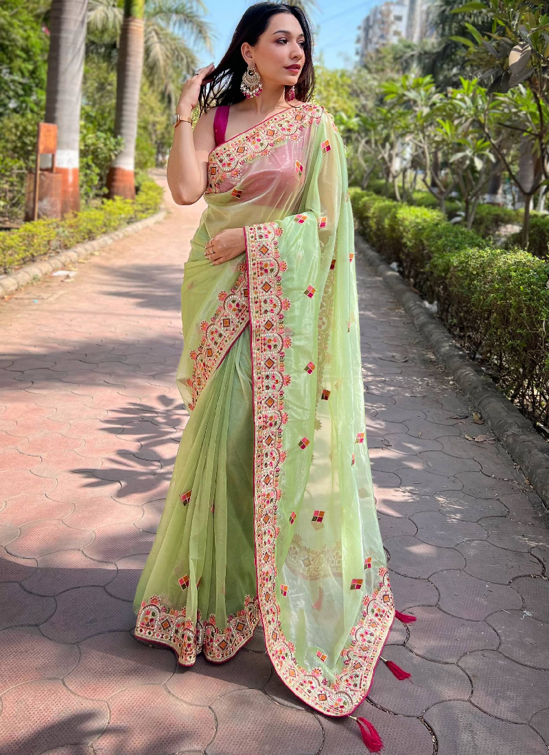Multi Thread Work Pista Green Net Saree With Pink Blouse For Party