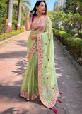 Multi Thread Work Pista Green Net Saree With Pink Blouse For Party