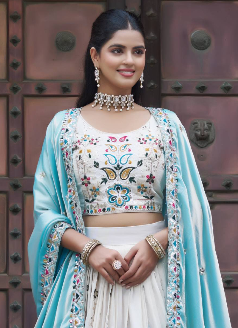 Multi Thread Embroidered Off White Tissue Silk Lehenga Choli Set