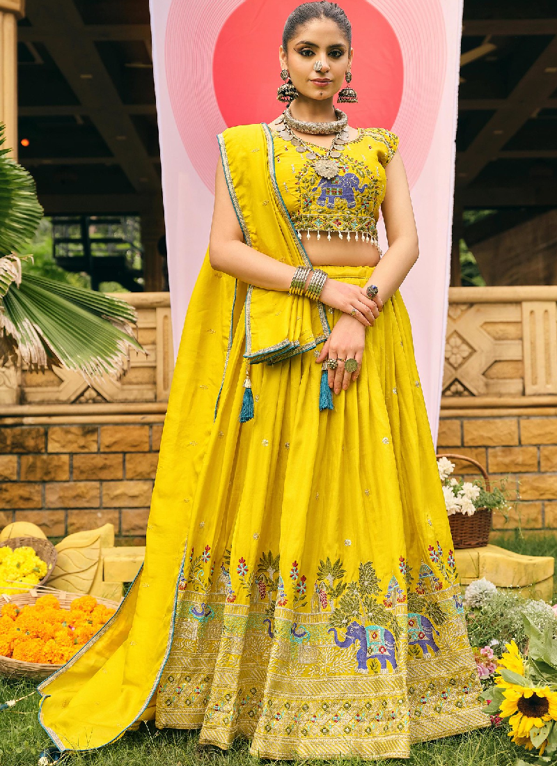 Mustard Yellow Shimmer Heavy Embroidery Work Haldi Lehenga Choli set
