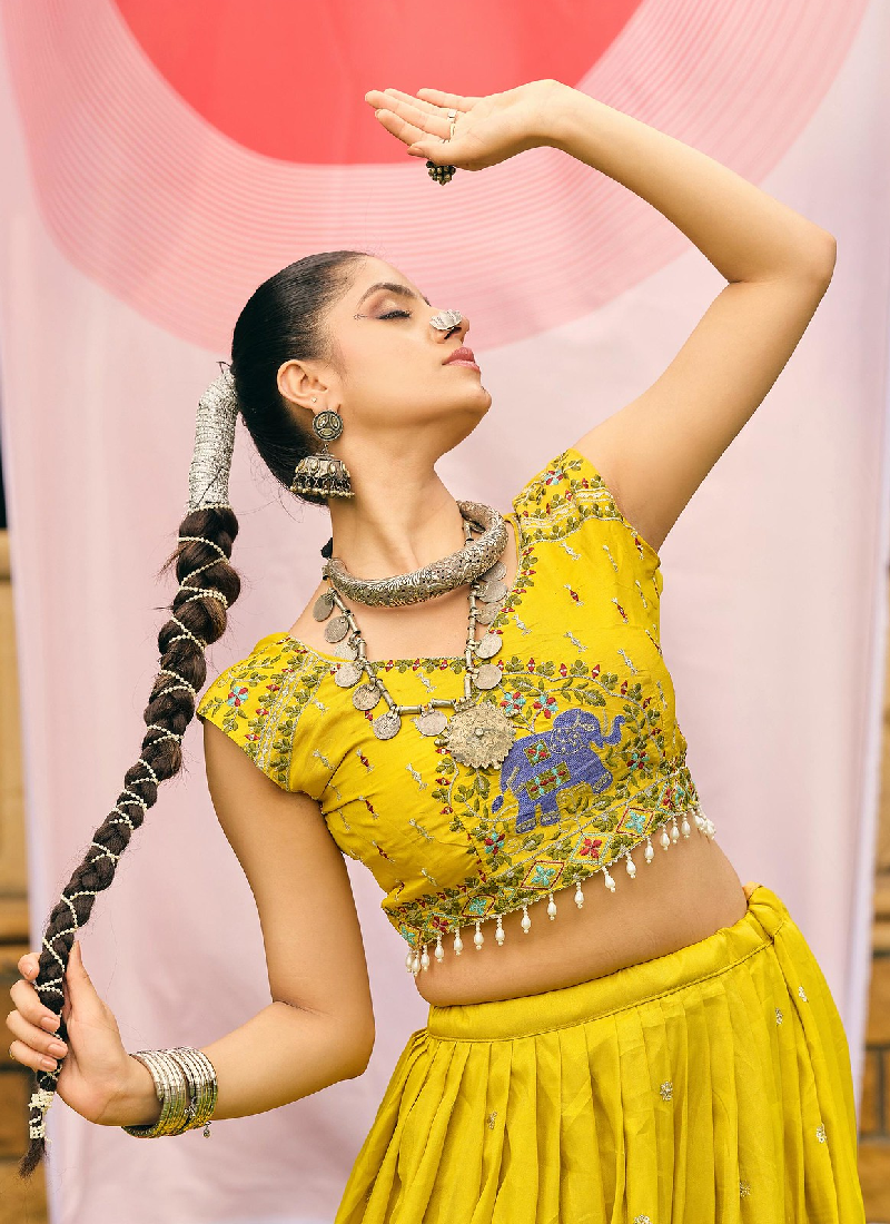 Mustard Yellow Shimmer Heavy Embroidery Work Haldi Lehenga Choli set