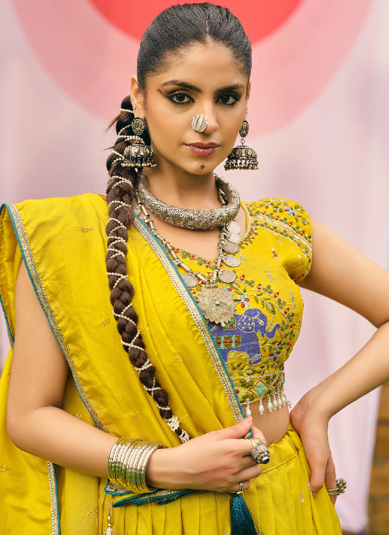 Mustard Yellow Shimmer Heavy Embroidery Work Haldi Lehenga Choli set