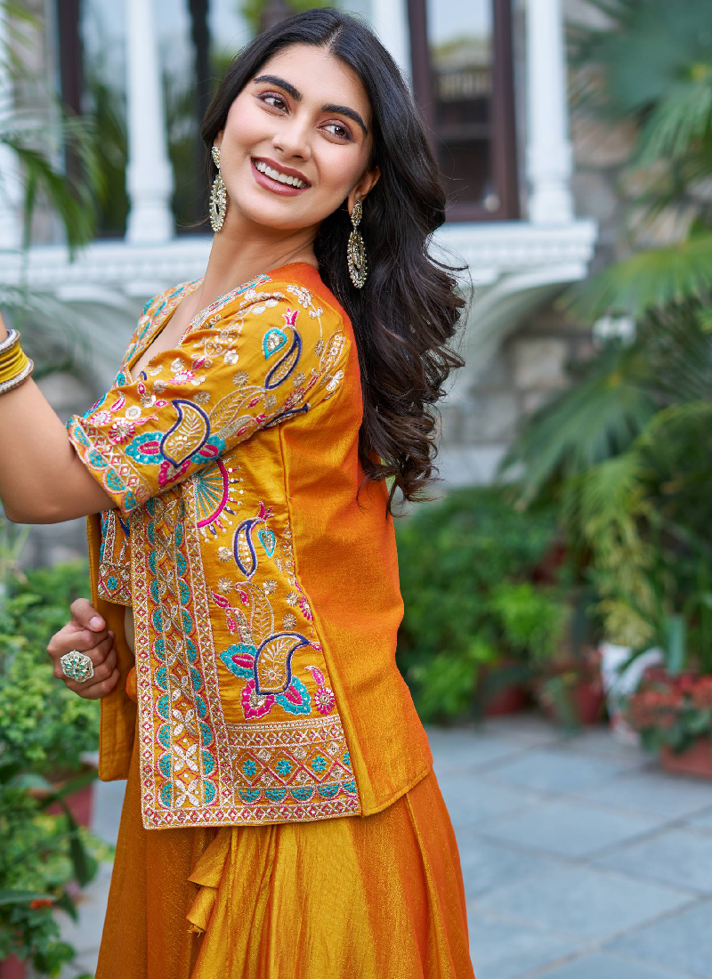 Mustard Yellow Vichitra Silk Plain Lehenga With Embroidered Blouse
