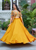 Mustard Yellow Vichitra Silk Plain Lehenga With Embroidered Blouse