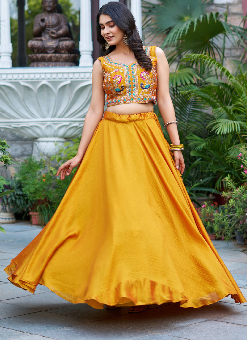 Mustard Yellow Vichitra Silk Plain Lehenga With Embroidered Blouse