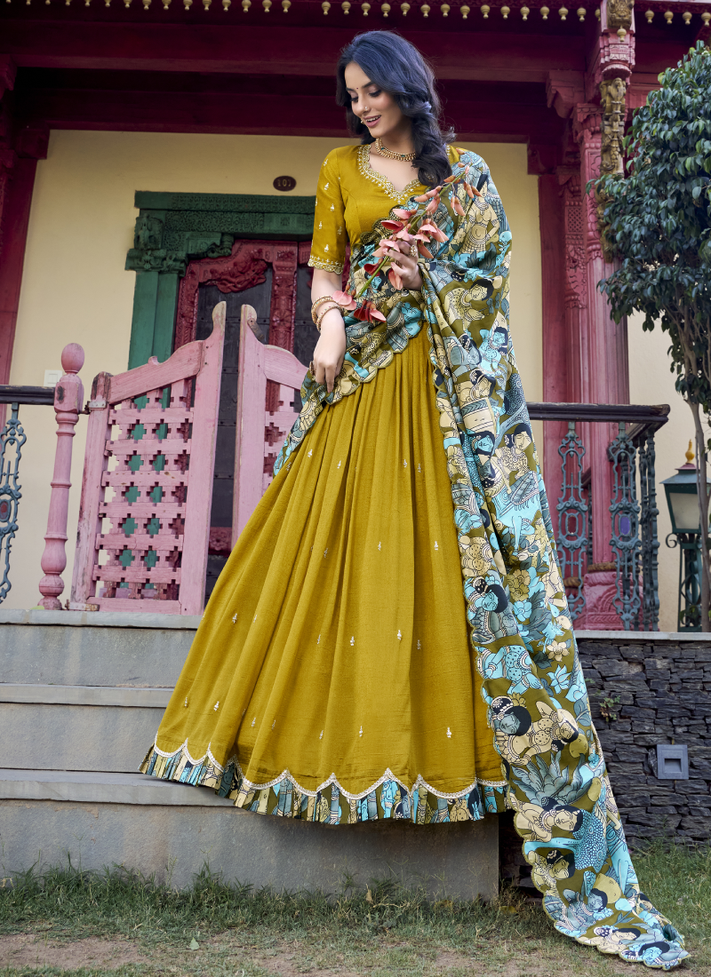 Mustard Yellow Vichitra Silk Sequence Embroidered Lehenga Choli