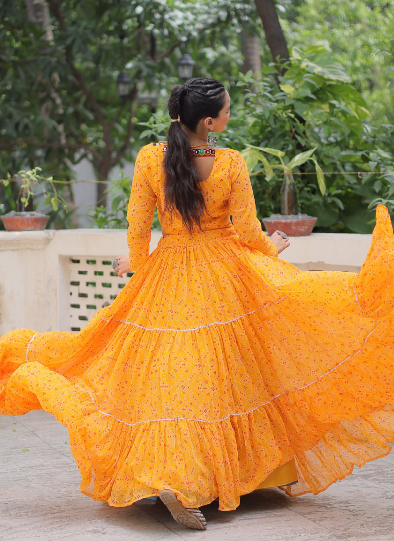 Navratri Special Bandhani Print Georgette Gamthi Work Yellow Crop Top