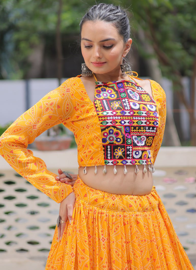 Navratri Special Bandhani Print Georgette Gamthi Work Yellow Crop Top