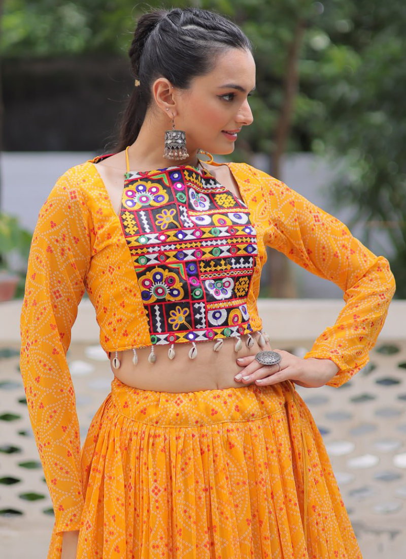 Navratri Special Bandhani Print Georgette Gamthi Work Yellow Crop Top