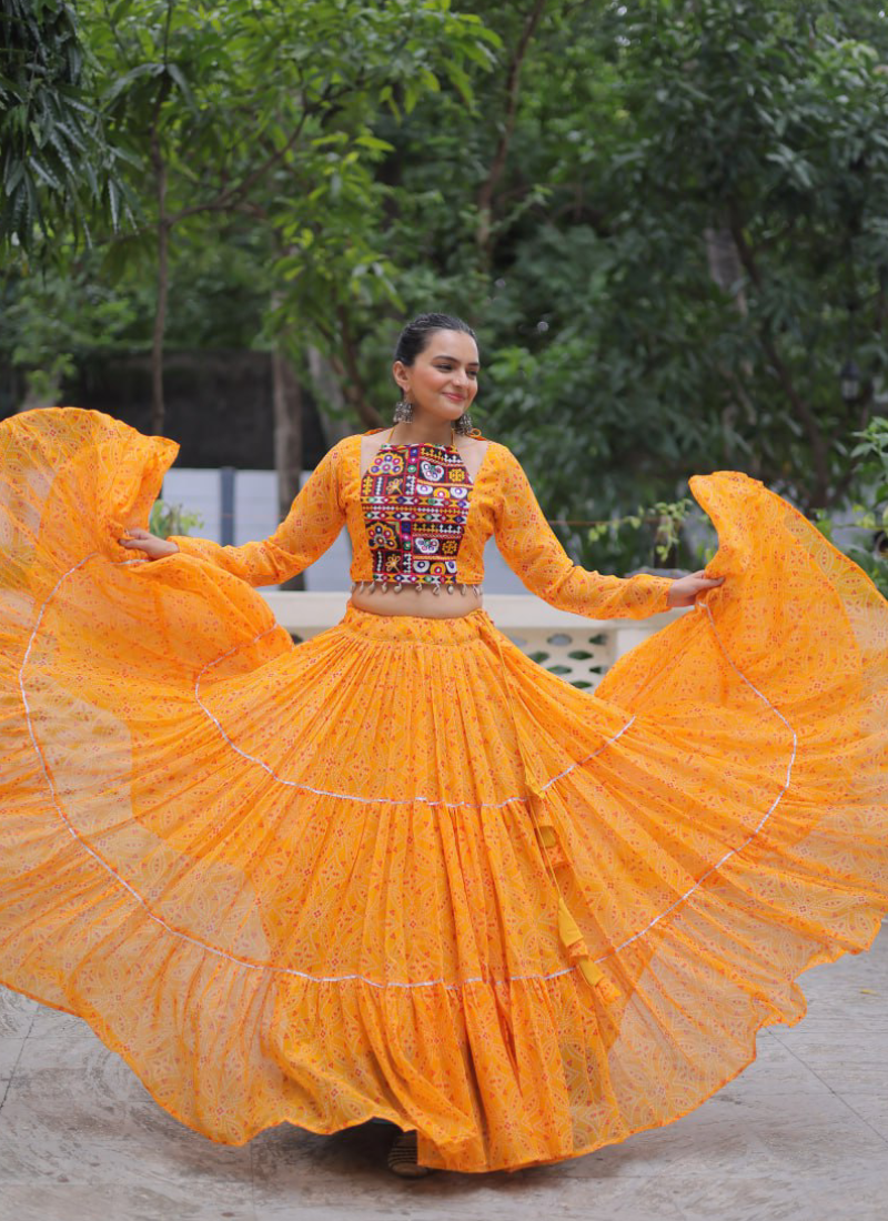 Navratri Special Bandhani Print Georgette Gamthi Work Yellow Crop Top
